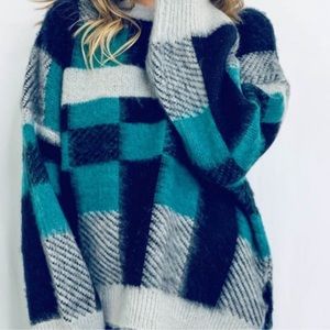 Fuzzy Tartan Plaid Side Slit Oversized Sweater Top